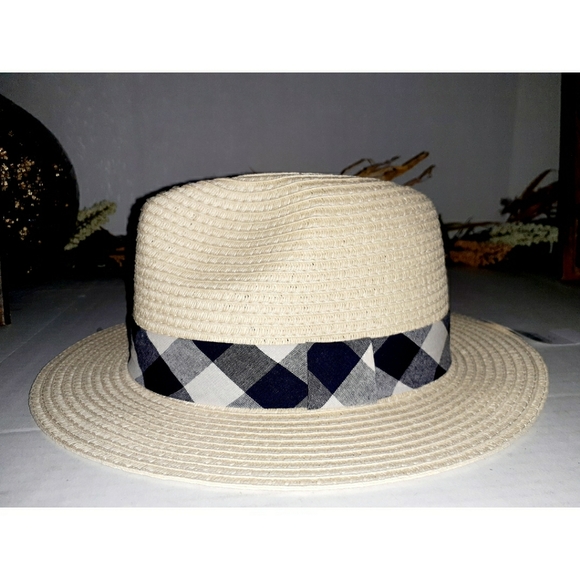 Loft Tan Packable Straw Fedora Hat - Plaid Bandage - Picture 2 of 15